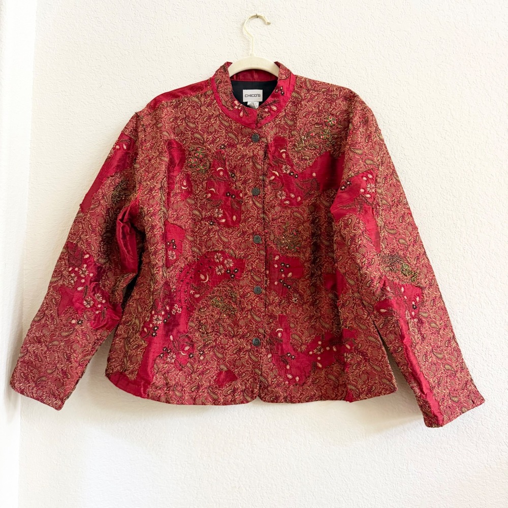 Chicos Red 100% Silk Embroidered Beaded Paisley Mandarin Jacket Size 2 Large